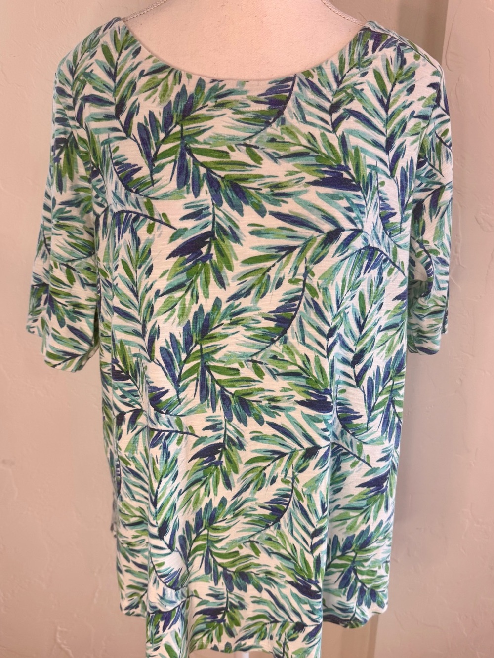 J.Jill 100% Pima Cotton Botanical Leaf Print Top Blue Green